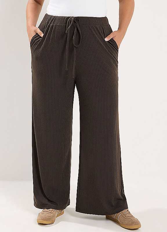 Yours Women's Dark Brown Ribbed Pull On Trousers In | Size: 20S - Image 6