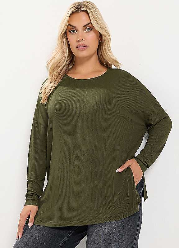 Yours Womens Curve Ribbed Drop Shoulder T-Shirt, Green, Size 22-24, Women - Image 3