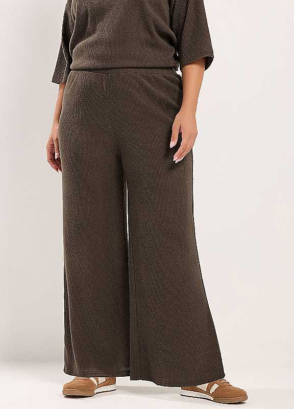 Yours Women's Chocolate Ribbed Wide Leg Trousers In | Size: 14 - Image 2