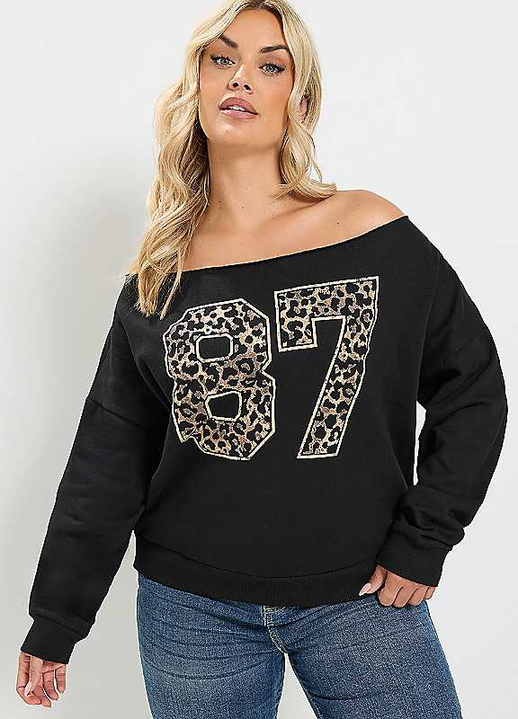 Yours Women's Black Leopard Off-Shoulder Sweatshirt In | Size: 26-28 - Image 6