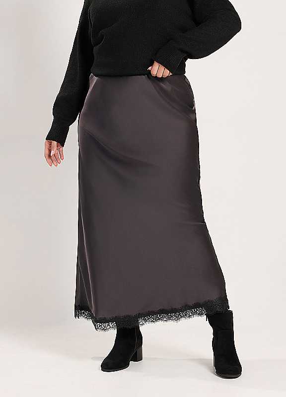 Yours Women's Chocolate Satin Lace Hem Skirt In | Size: 14 - Image 6