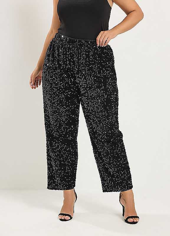 Yours Women's Black Sequin Barrel Leg Trousers In | Size: 18 - Image 2