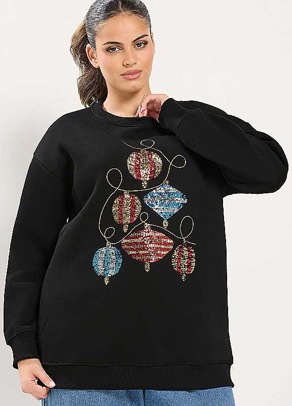 Yours Women's Sequin Bauble Novelty Sweatshirt in Black | Size: 22-24 - Image 6