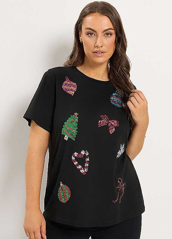 Yours Women's Sequin Bauble Novelty T-Shirt in Black | Size: 30-32 - Image 2
