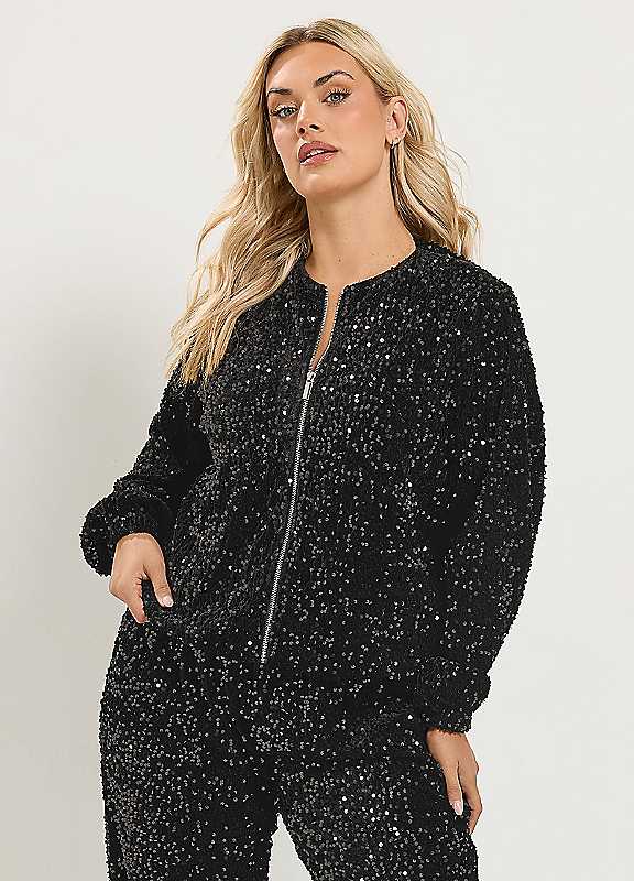 Yours Women's Black Sequin Bomber Jacket In Size 20 - Image 6
