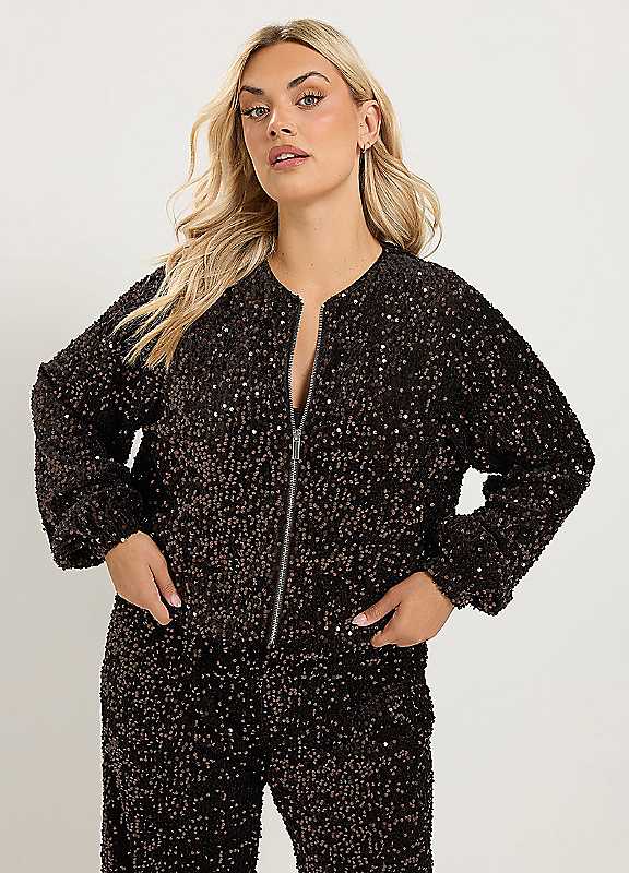 Yours Women's Chocolate Sequin Bomber Jacket In | Size: 18 - Image 3