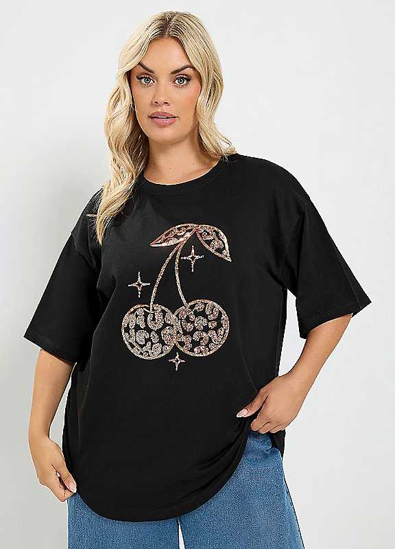 Yours Women's Black Sequin Cherry T-Shirt In | Size: 26/28 - Image 6