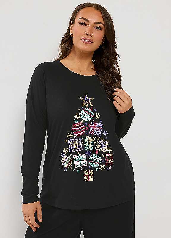 Yours Women's Black Sequin Christmas Tree Novelty T-Shirt In | Size: 22-24 - Image 3