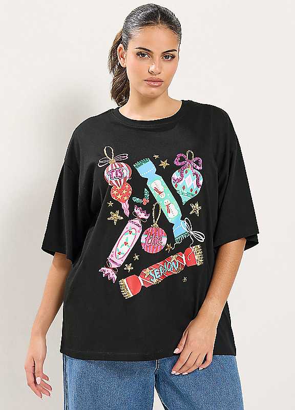 Yours Women's Black Sequin Cracker Novelty Cotton T-Shirt In | Size: 16 - Image 2