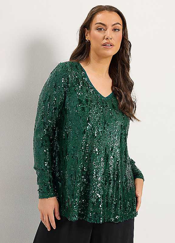 Yours Women's Green Sequin Embellished Swing Top In | : Size 20 - Image 2