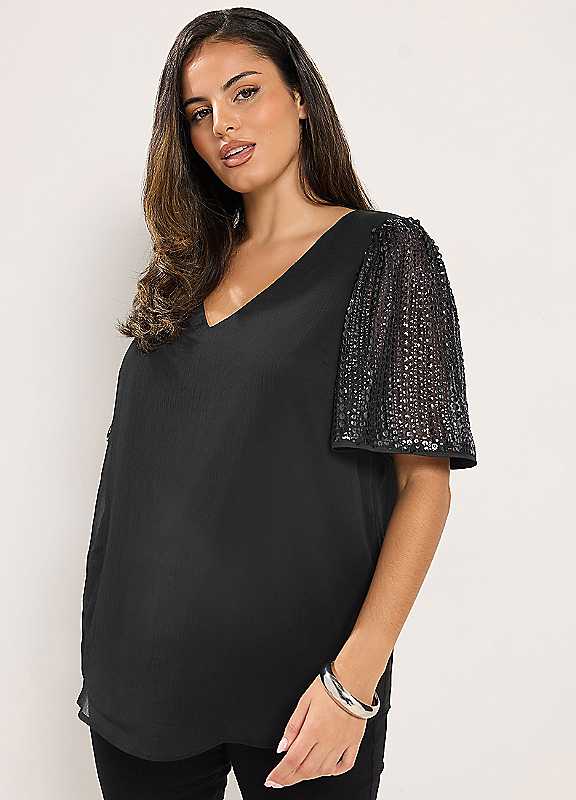 Yours Women's Black Sequin Sleeve Top In | Size: 22-24 - Image 2