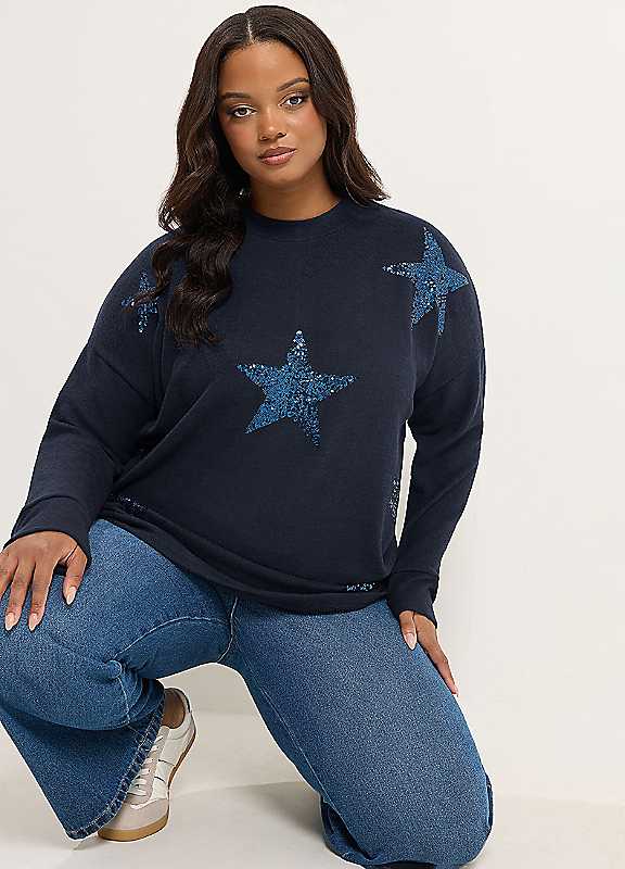Yours Women's Dark Navy Sequin Star Soft Touch Sweatshirt In | : 22/24 - Image 3
