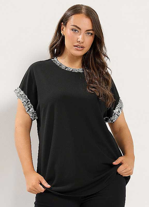 Yours Women's Sequin Trim T-Shirt in Black | Size: 34-36 - Image 2