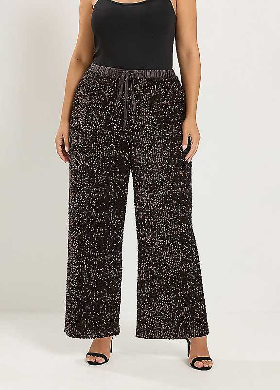Yours Women's Chocolate Wide Leg Sequin Trousers In | Size: 14 - Image 6