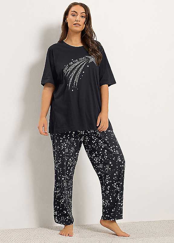 Yours Women's Black Shooting Star Wide Leg Pyjama Set In | Size: 38/40 - Image 3