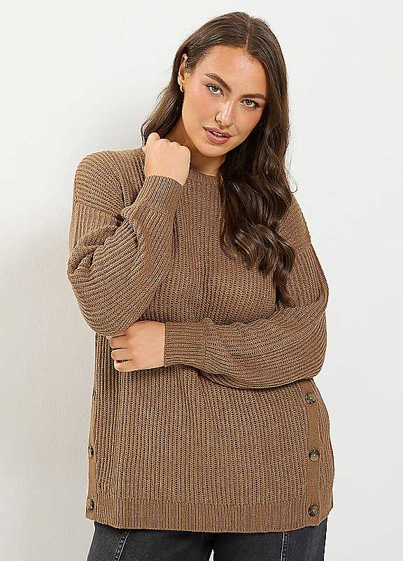 Yours Women's Side Button Knitted Jumper in Brown | Size: 22-24 - Image 6
