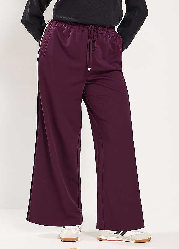 Yours Women's Side Stripe Wide Leg Trousers in Burgundy | Size: 20R - Image 2