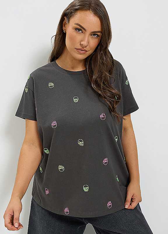 Yours Women's Grey Skull Embroidered T-Shirt In | Size: 12 - Image 2