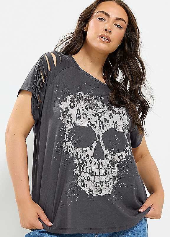 Yours Women's Skull Print Laser Cut T-Shirt in Grey | Size: 18 - Image 7