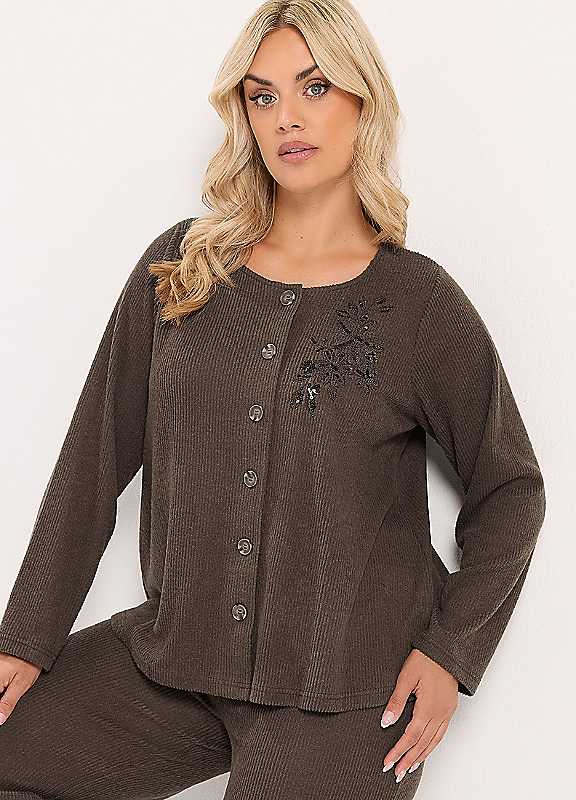 Yours Women's Chocolate Soft Touch Embroidered Cardigan In | Size: 18 - Image 2