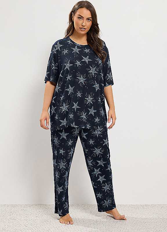 Yours Women's Mid Blue Star Soft Touch Wide Leg Pyjama Set In Size 18-20 - Image 2