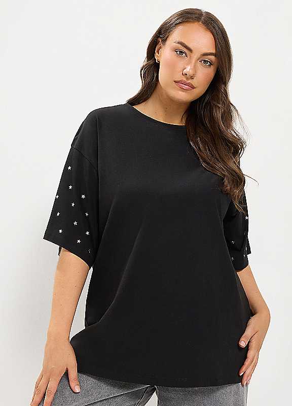 Yours Women's Black Star Stud Sleeve T-Shirt In Size 20 - Image 2