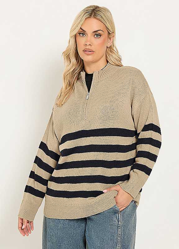 Yours Women's Stripe Quarter Zip Jumper in Medium Beige | Size: 22-24 - Image 6