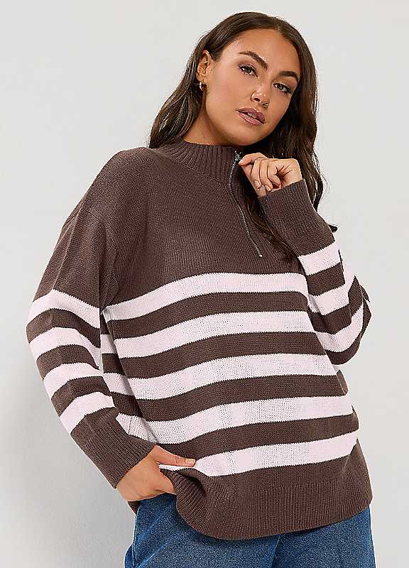 Yours Curve Women's Brown Stripe Quarter Zip Jumper - Image 7