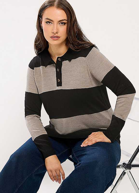 Yours Black Curve Stripe Rugby Collar Jumper