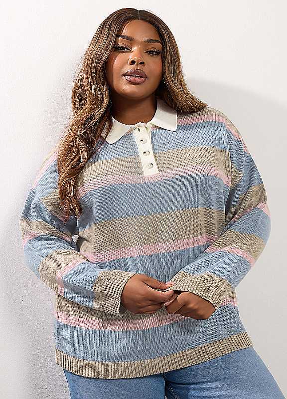 Yours Blue Curve Stripe Rugby Collar Jumper