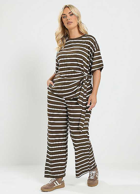 Yours Women's Brown Curve Stripe Tie Waist Trouser Set