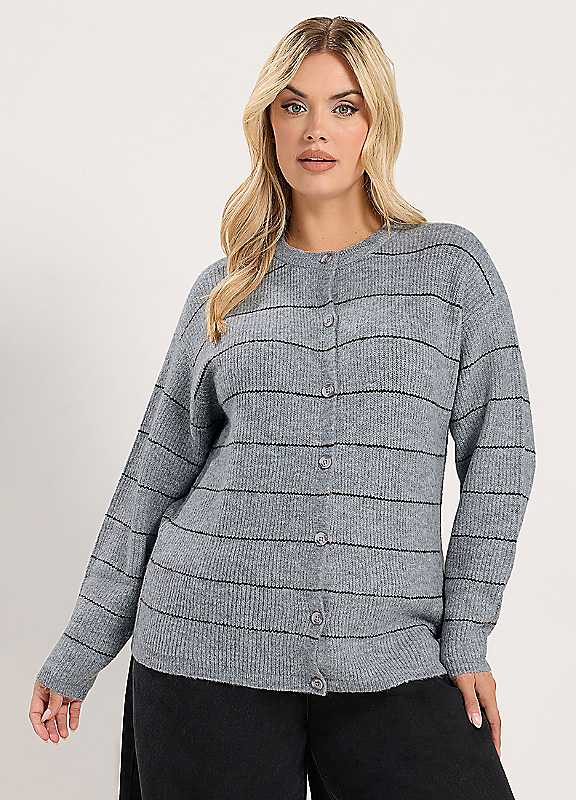 Yours Women's Grey Striped Knitted Cardigan Sweater In | : 10/12 - Image 6