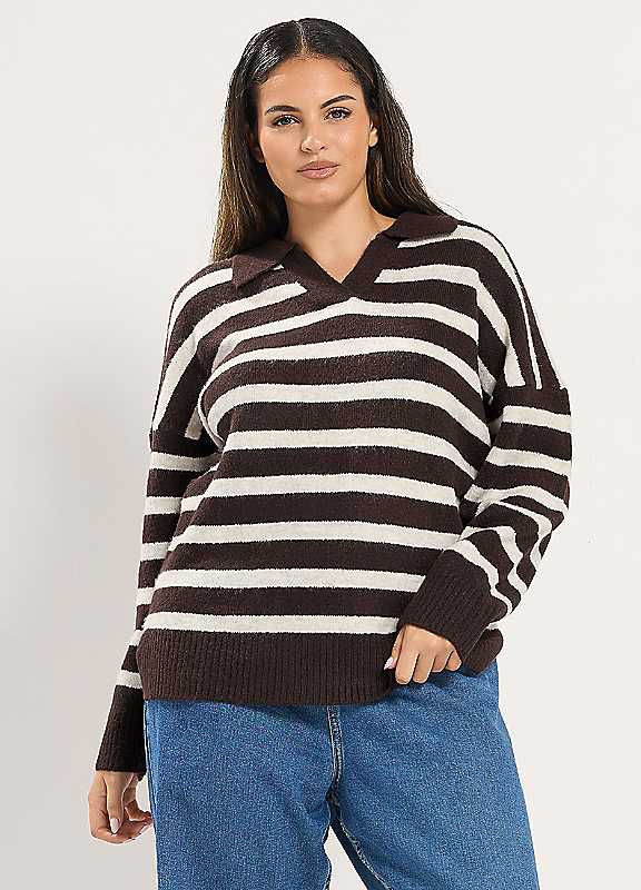 Yours Women's Brown Stripe Collared Knitted Jumper In | Size: 22-24 - Image 6