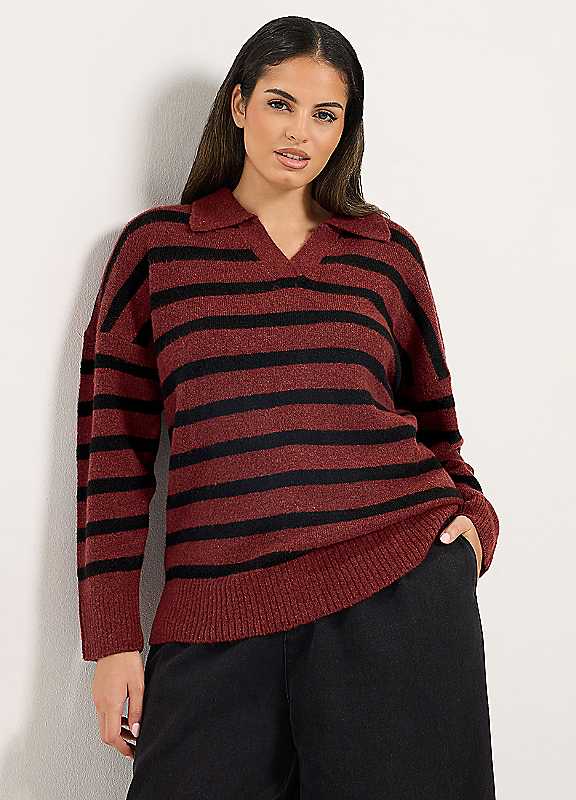 Yours Women's Red Stripe Colla Knitted Jumper In | Size: 18/20 - Image 6