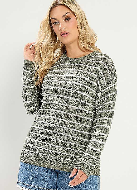 Yours Women's Green Curve Striped Knitted Jumper