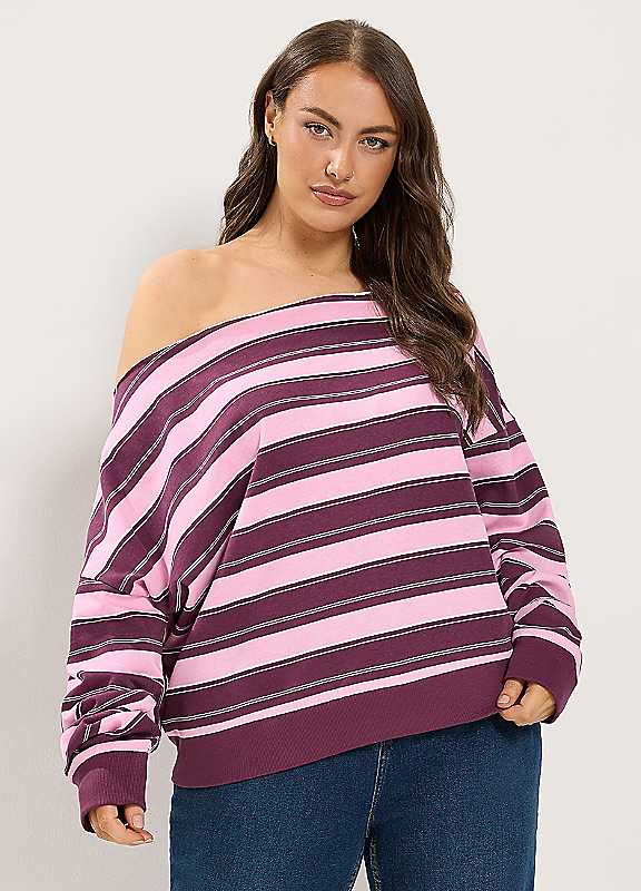 Yours Women's Plum Stripe Off-Shoulder Sweatshirt In | Size: 22-24 - Image 6