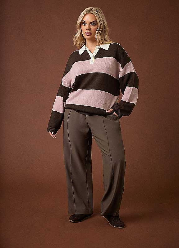 Yours Pink Curve Striped Rugby Collar Jumper