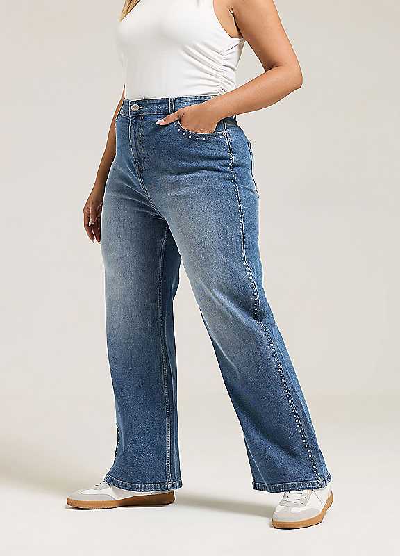 Yours Women's Blue Studded Wide Leg Jeans In | Size: 14 - Image 6