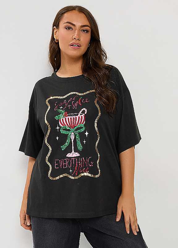 Yours Women's 'Sugar, Spice & Everything Nice' Sequin Relaxed T-Shirt in Black | Size: 14 - Image 2
