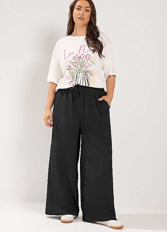 Yours Women's Black Texture Wide Leg Trousers In 18R - Image 6