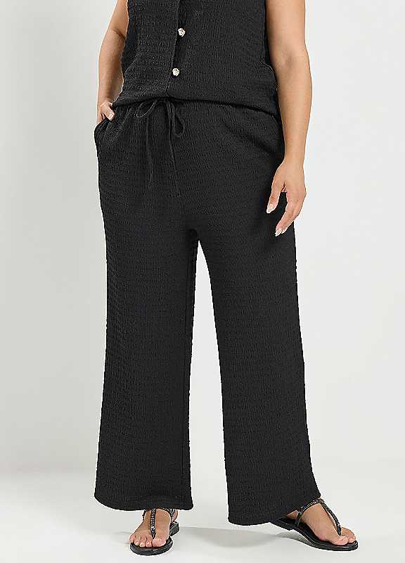 Yours Women's Black Textured Drawstring Trousers In 20R - Image 6