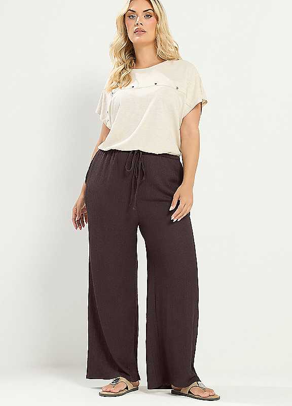 Yours Women's Brown Curve Textured Wide Leg Trousers