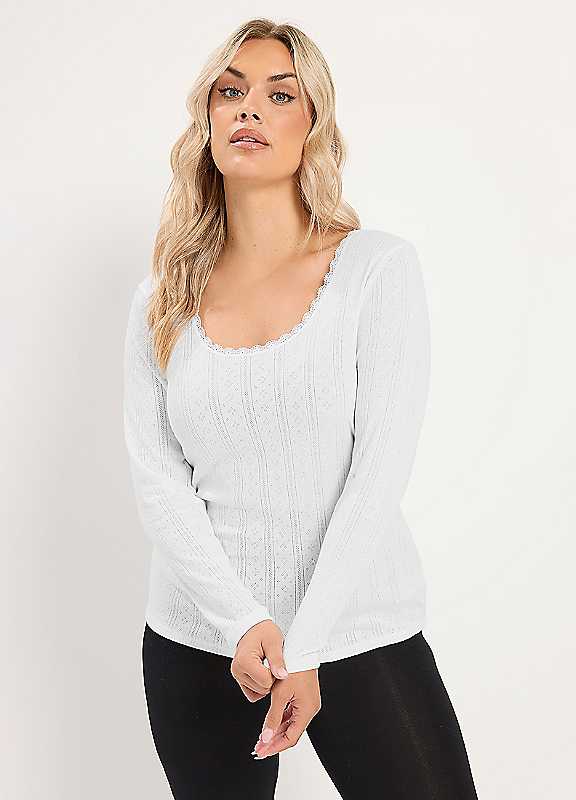 Yours Curve Women's White Thermal Pointelle Long Sleeve Top - Image 6