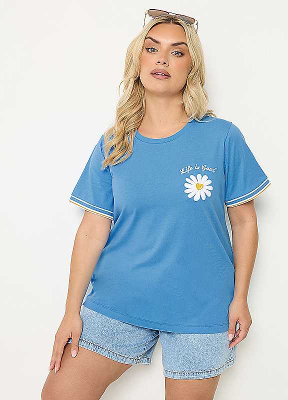 Yours Women's Blue Curve Varsity Trim Daisy T-Shirt - Plus Size Curve - Image 3