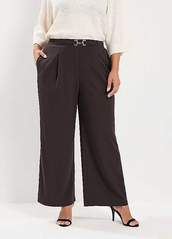 Yours Women's Brown Wide Leg Buckle Trousers In 30-32R - Image 3