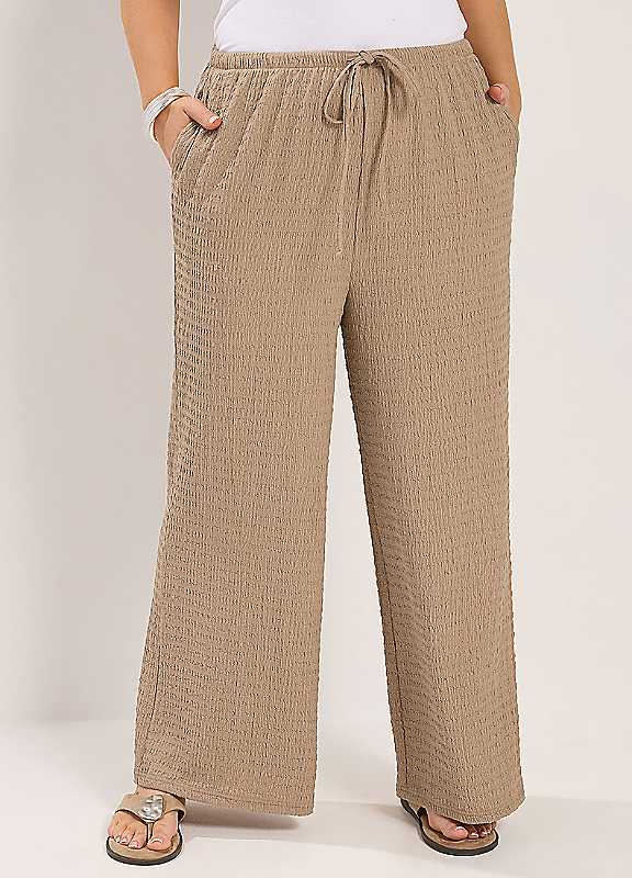 Yours Women's Natural Wide Leg Crinkle Trousers In 30-32R - Image 2