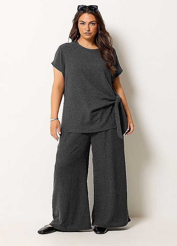 Yours Women's Grey Curve Wide Leg Textured Trousers