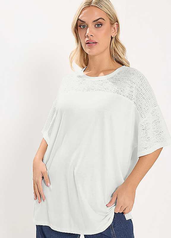 Yours Women's White Woven Panel Oversized T-Shirt In | Size: 20 - Image 5