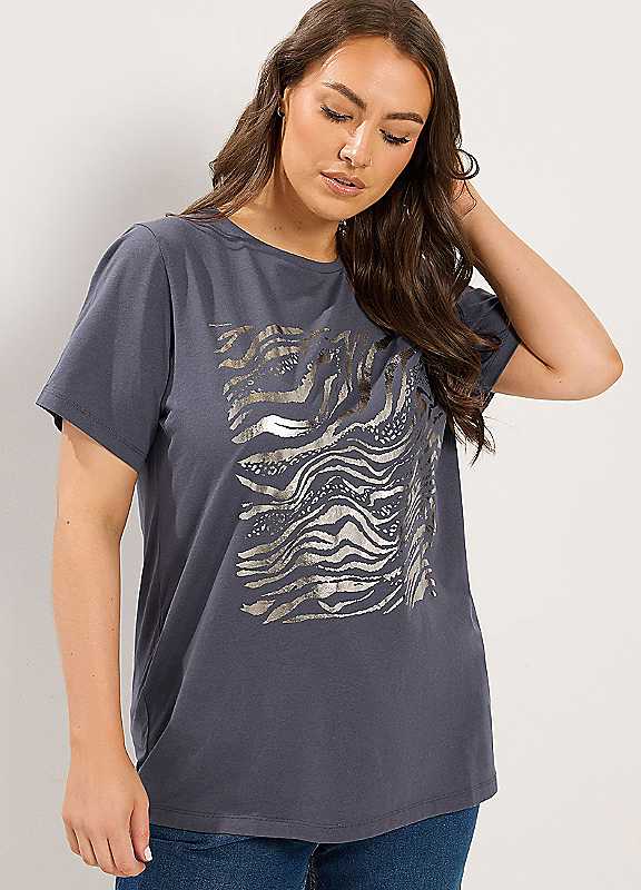 Yours Women's Grey Curve Zebra Foil T-Shirt