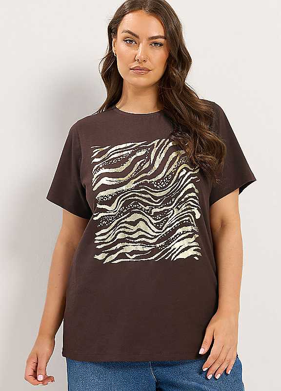 Yours Women's Chocolate Zebra Foil T-Shirt In | Size: 26/28 - Image 6